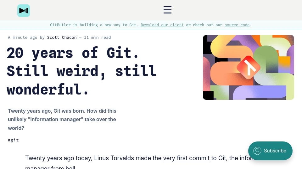 Screenshot of blog.gitbutler.com: 20 years of Git