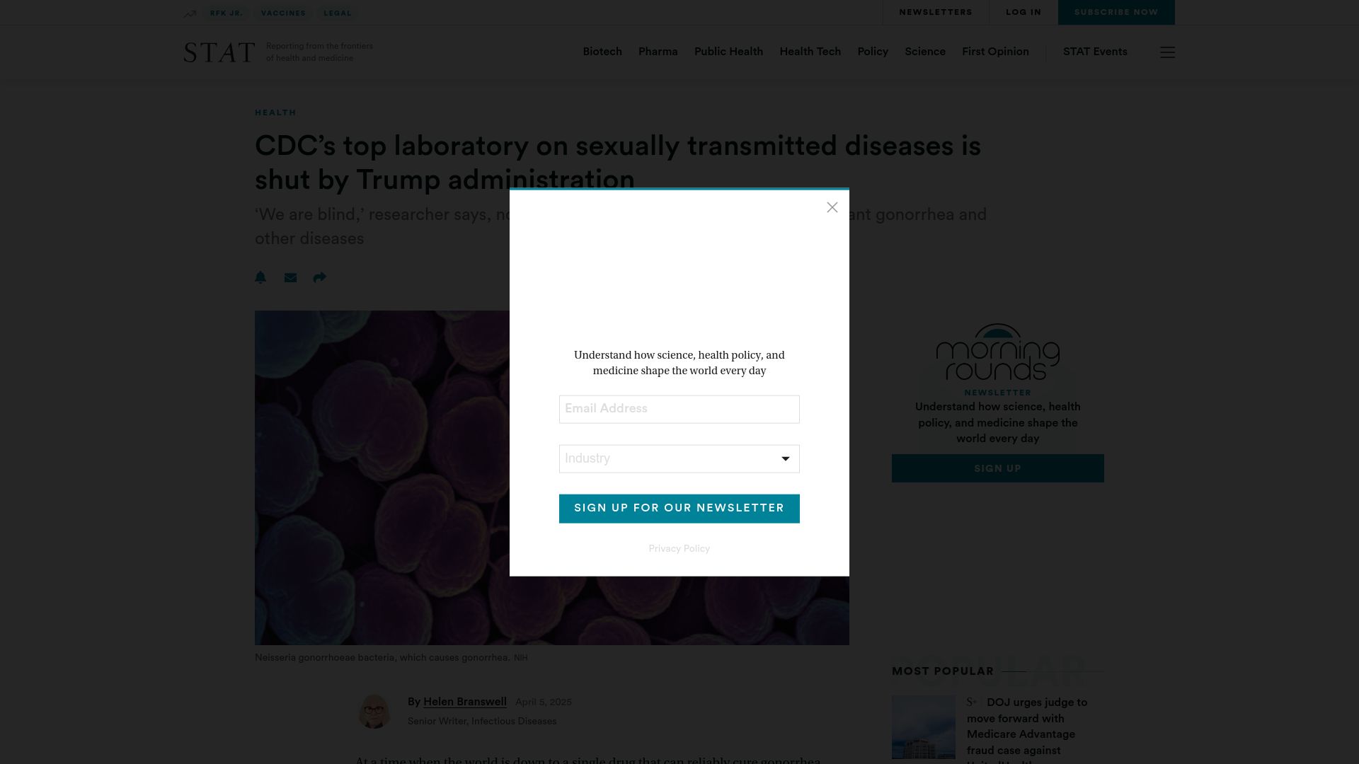 Screenshot of statnews.com: CDC's top laboratory on STDs is shut by Trump administration