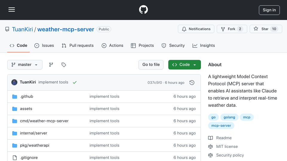Screenshot of github.com: Show HN: Minimal MCP server in Go showcasing project architecture