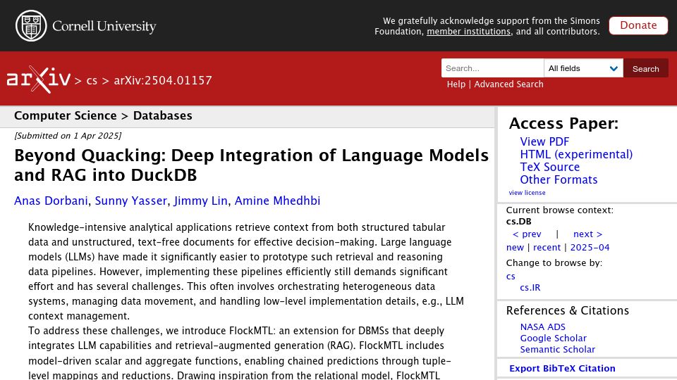Screenshot of arxiv.org: Beyond Quacking: Deep Integration of Language Models and RAG into DuckDB