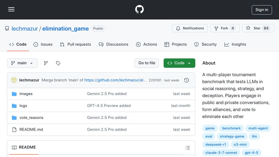 Screenshot of github.com: Benchmarking LLM social skills with an elimination game