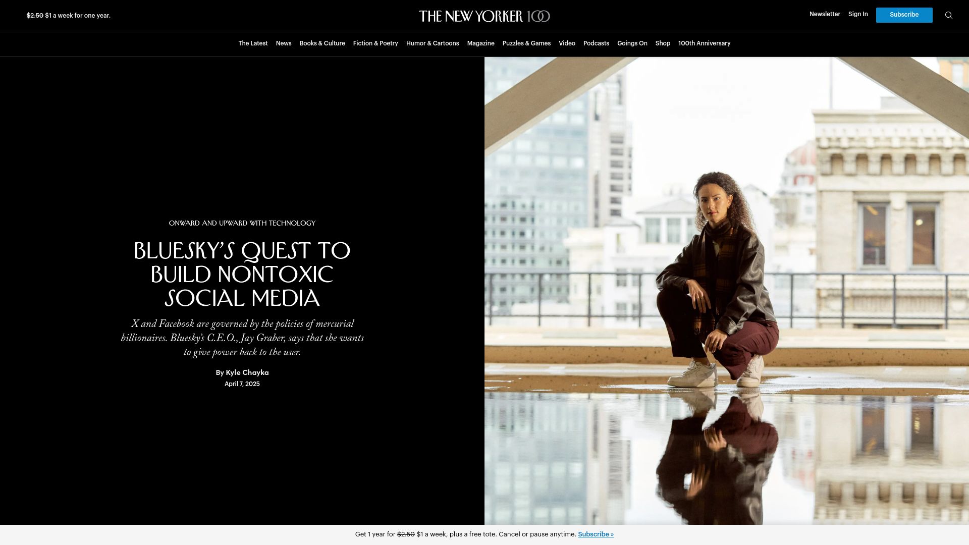 Screenshot of newyorker.com: Bluesky's Quest to Build Nontoxic Social Media