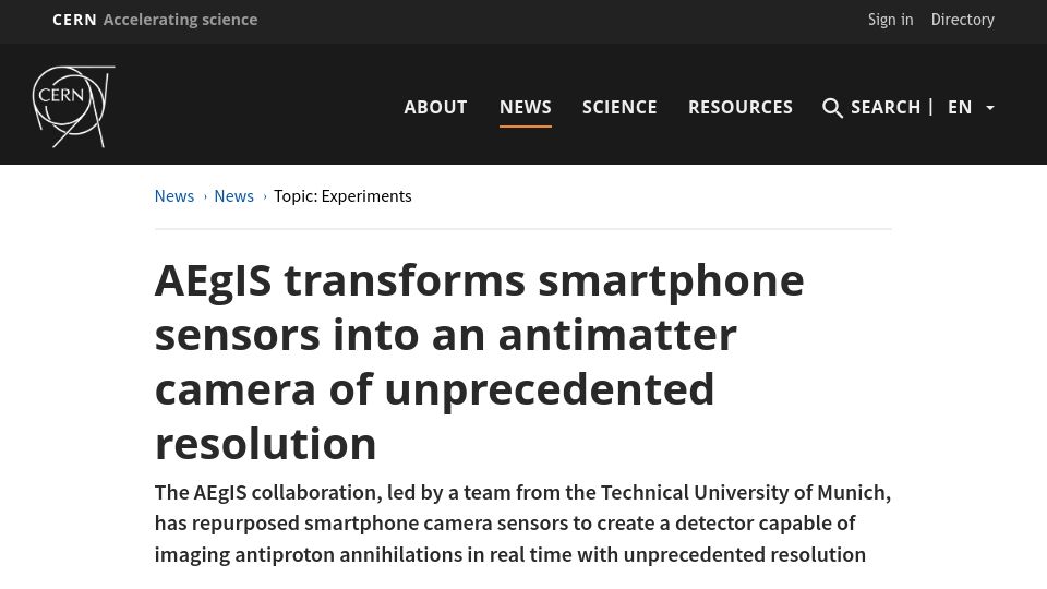 Screenshot of home.cern: AEgIS turns phone sensors into antimatter camera of unprecedented resolution