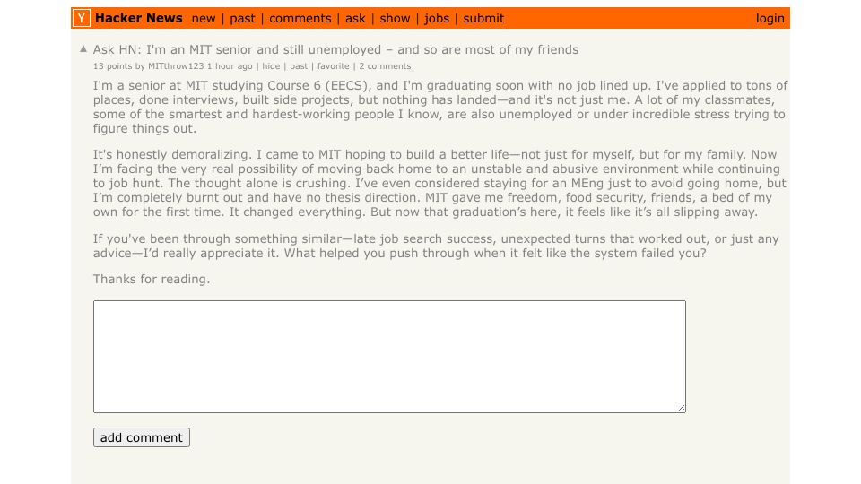 Screenshot of Hacker News post: Ask HN: I'm an MIT senior and still unemployed – and so are most of my friends