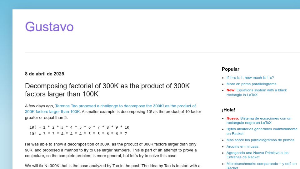 Screenshot of gus-massa.blogspot.com: Decomposing factorial of 300K as the product of 300K factors larger than 100K