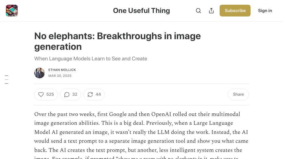 Screenshot of oneusefulthing.org: No elephants: Breakthroughs in image generation