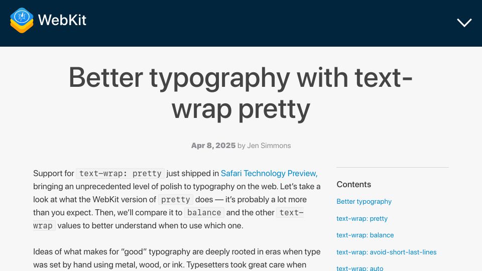 Screenshot of webkit.org: Better typography with text-wrap pretty