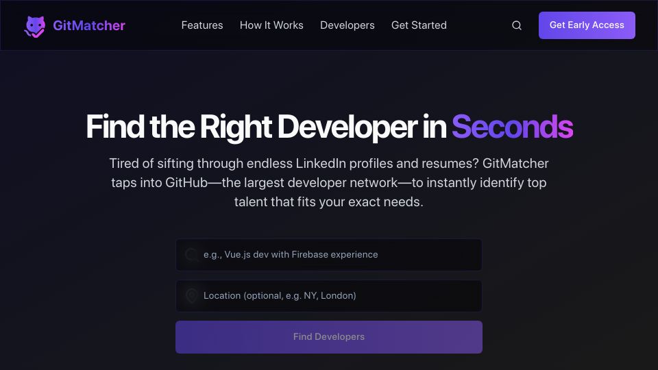 Screenshot of gitmatcher.com: Show HN: I Built a Tool to Find Devs Based on Code, Not LinkedIn Titles
