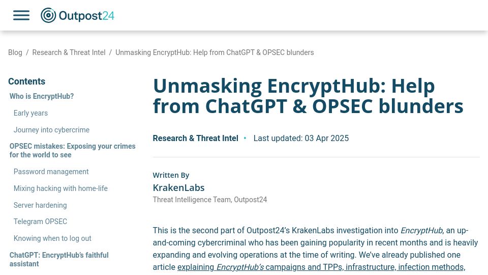 Screenshot of outpost24.com: Unmasking EncryptHub: Help from ChatGPT and Opsec Blunders