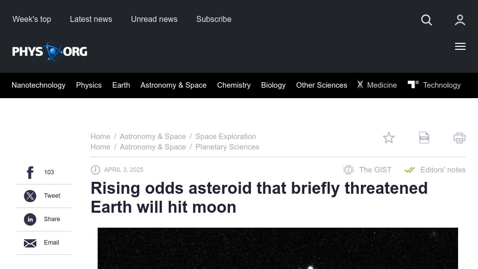 Screenshot of phys.org: Rising odds asteroid that briefly threatened Earth will hit moon