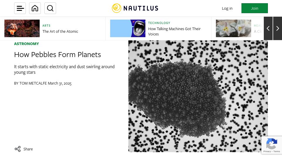 Screenshot of nautil.us: Pebbles Form Planets