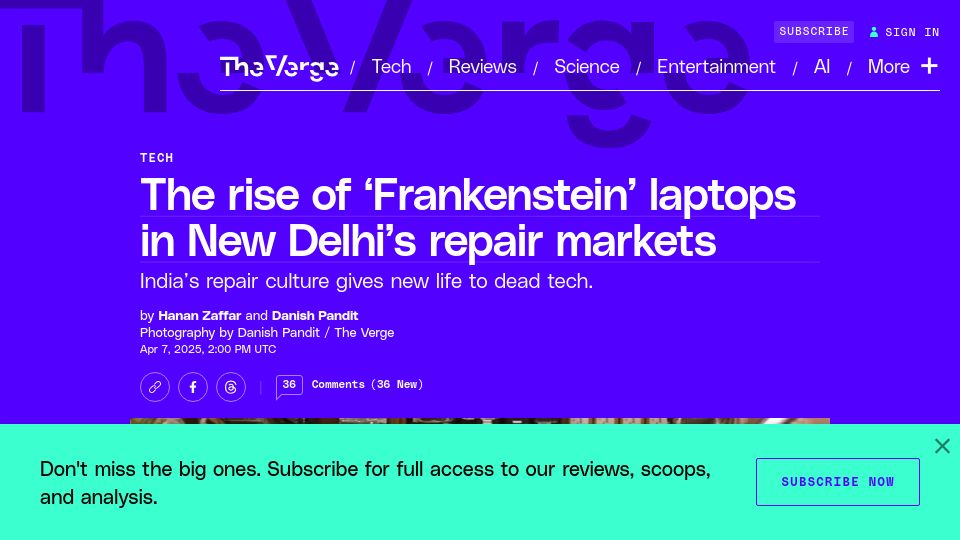 Screenshot of theverge.com: India's repair culture gives new life to dead laptops