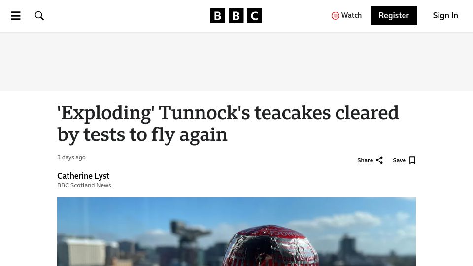 Screenshot of bbc.co.uk: 'Exploding' Tunnock's teacakes cleared by tests to fly again
