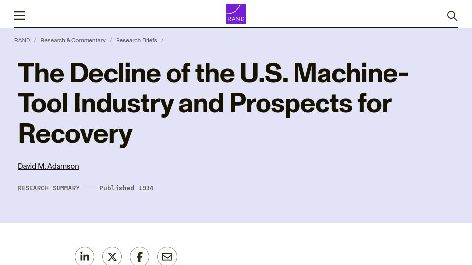 Screenshot of rand.org: The Decline of the U.S. Machine-Tool Industry and Prospects for Recovery (1994)