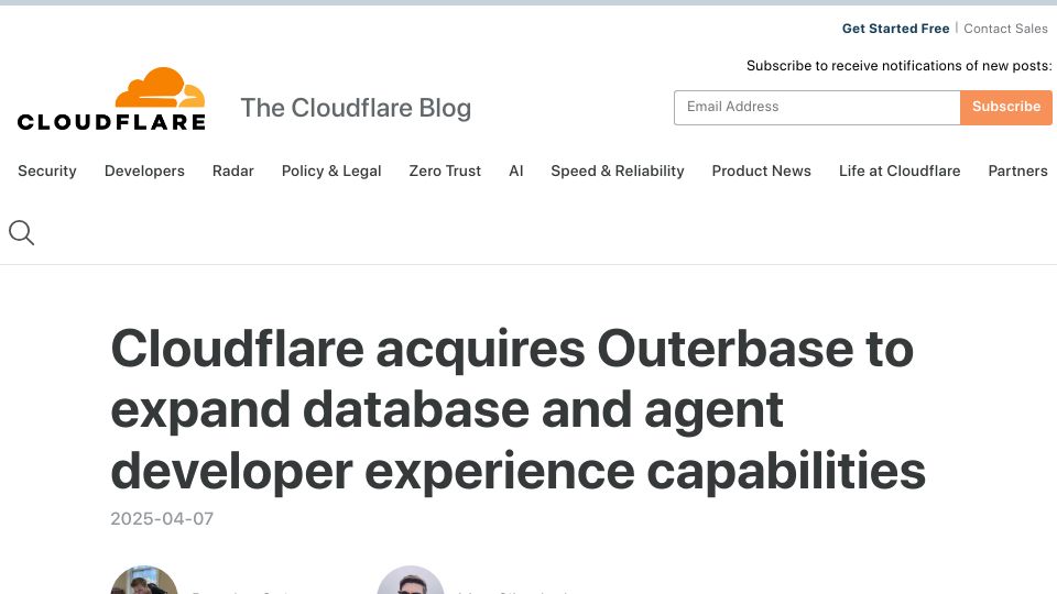 Screenshot of blog.cloudflare.com: Cloudflare Acquires Outerbase