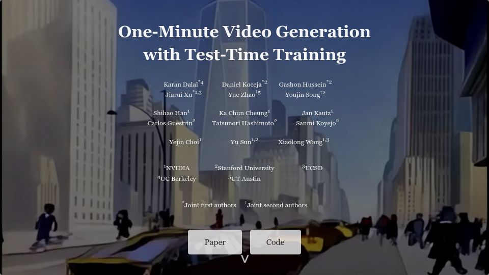 Screenshot of test-time-training.github.io: Tom and Jerry One-Minute Video Generation with Test-Time Training