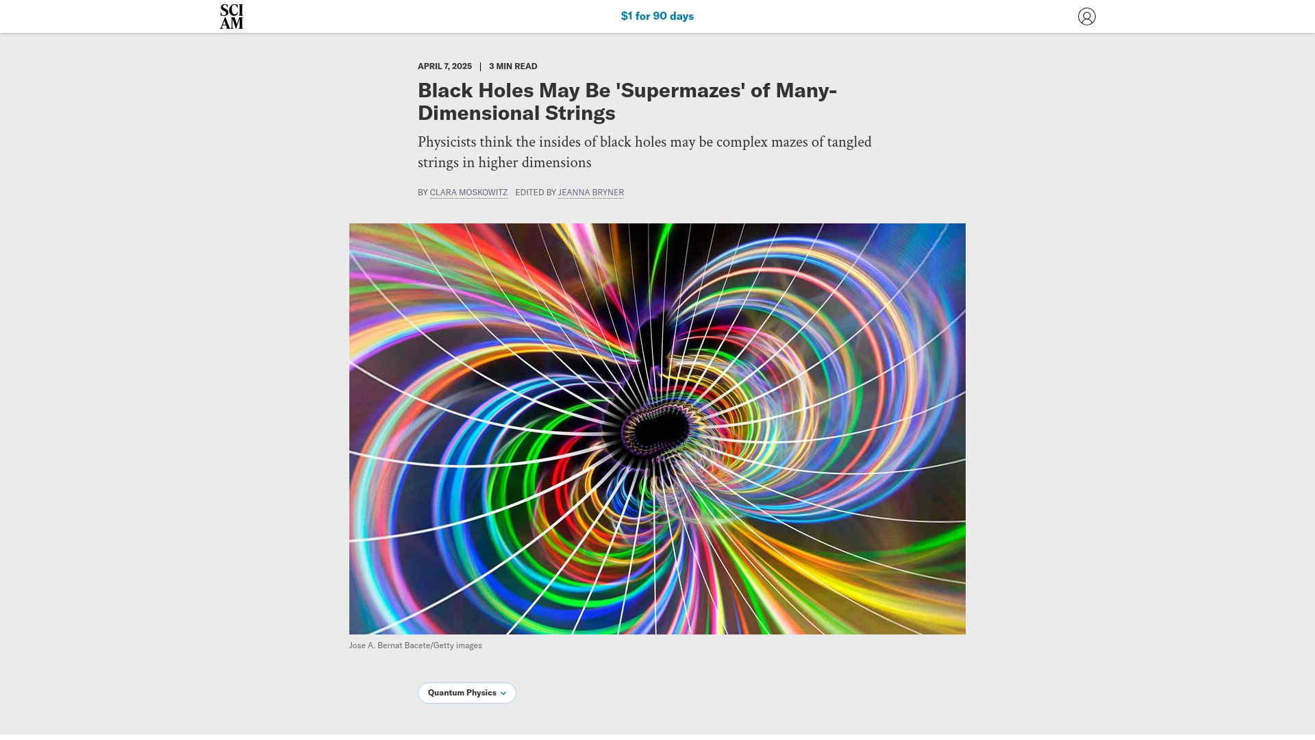 Screenshot of scientificamerican.com: String Theorists Say Black Holes Are Multidimensional String 'Supermazes'