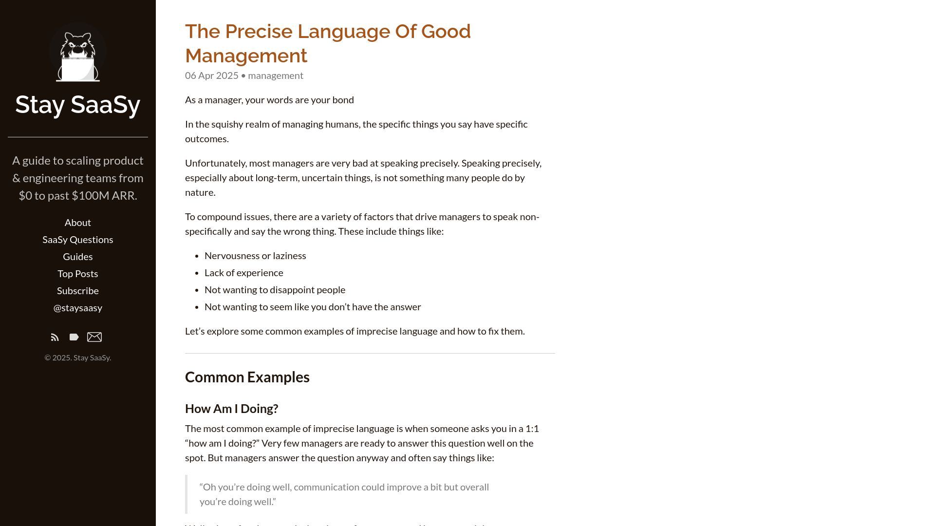 Screenshot of staysaasy.com: The Precise Language of Good Management