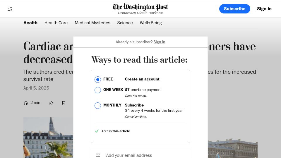 Screenshot of washingtonpost.com: Cardiac arrest deaths among marathoners have decreased, study finds