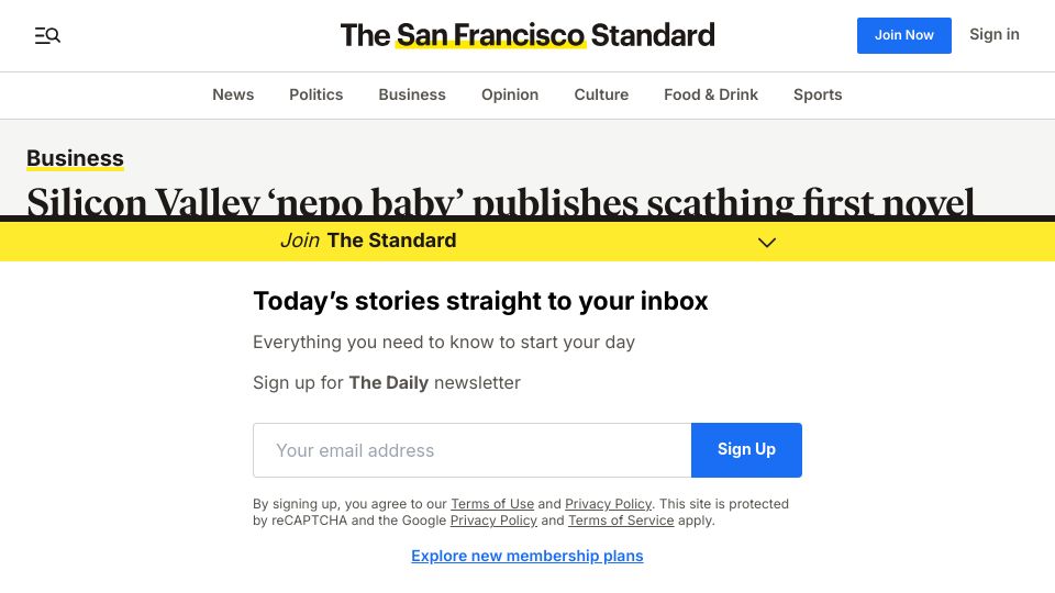 Screenshot of sfstandard.com: Silicon Valley 'nepo baby' publishes scathing first novel about growing up rich