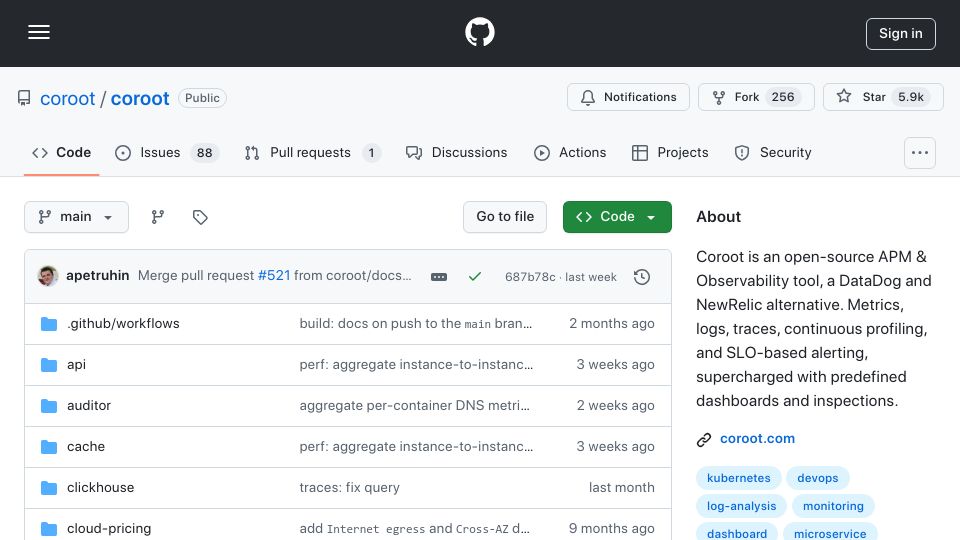 Screenshot of github.com: Show HN: Coroot – eBPF-based, open source observability with actionable insights