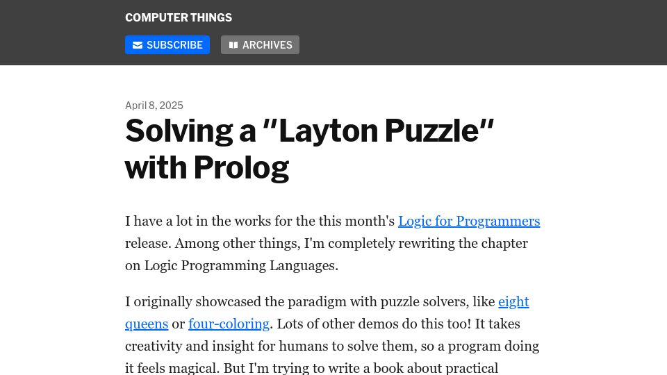 Screenshot of buttondown.com: Solving a “Layton Puzzle” with Prolog