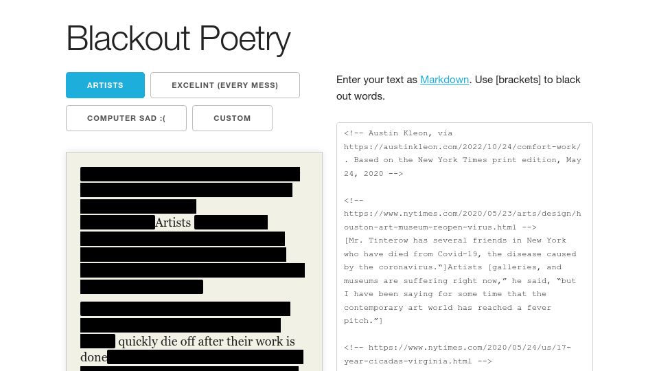 Screenshot of bobbiec.github.io: Show HN: A tool for creating blackout poetry