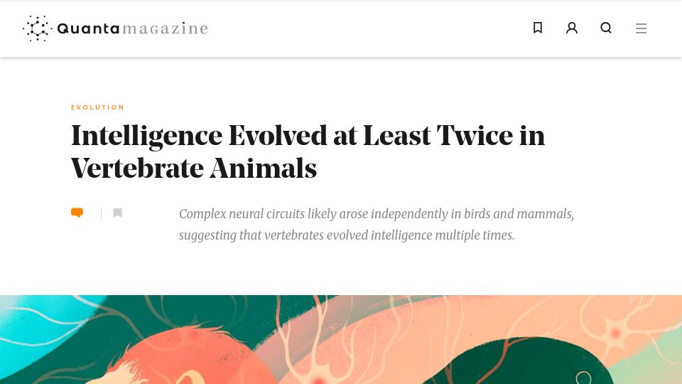 Screenshot of quantamagazine.org: Intelligence Evolved at Least Twice in Vertebrate Animals