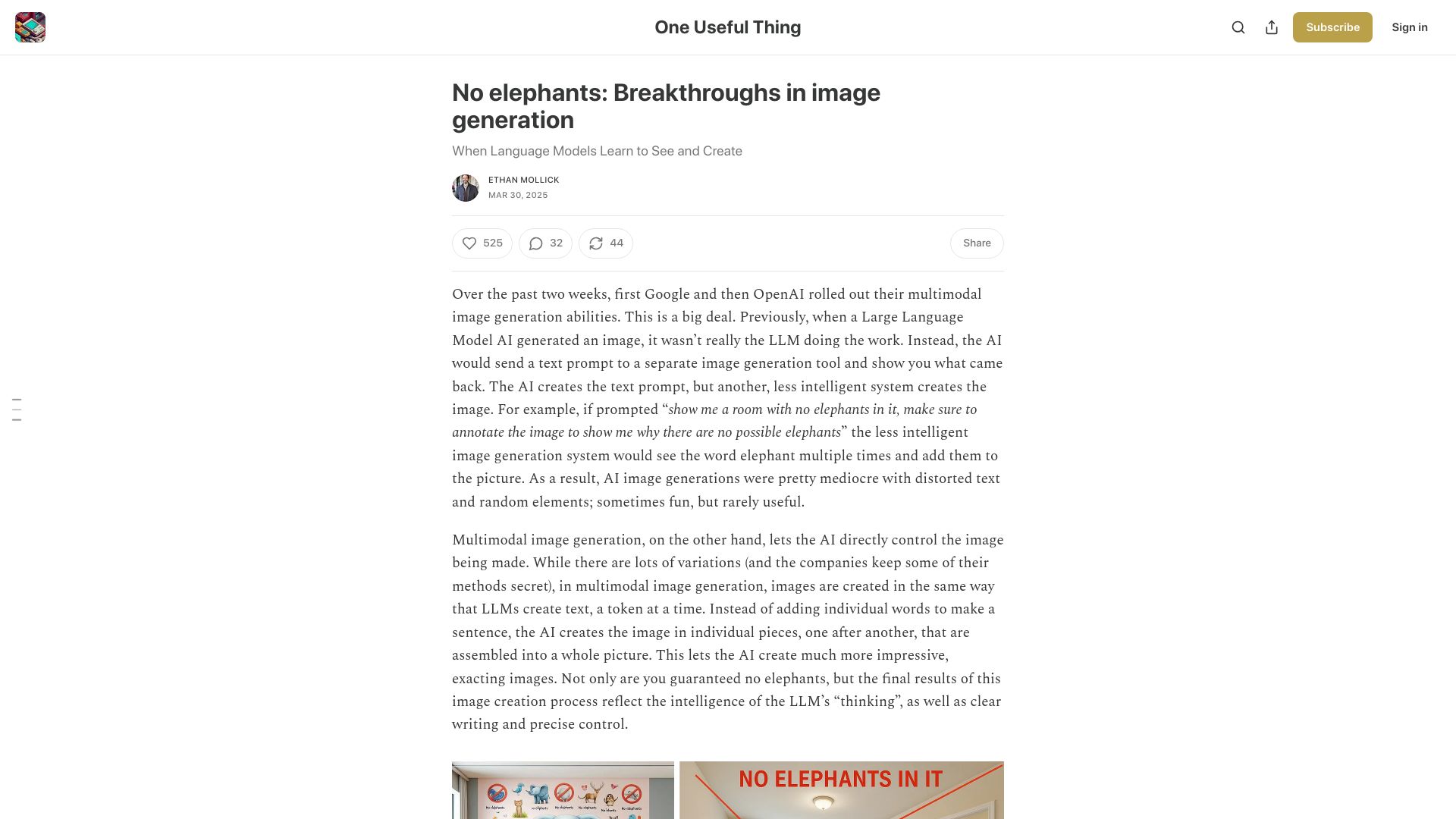 Screenshot of oneusefulthing.org: No elephants: Breakthroughs in image generation