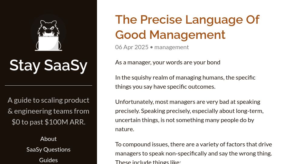 Screenshot of staysaasy.com: The Precise Language of Good Management