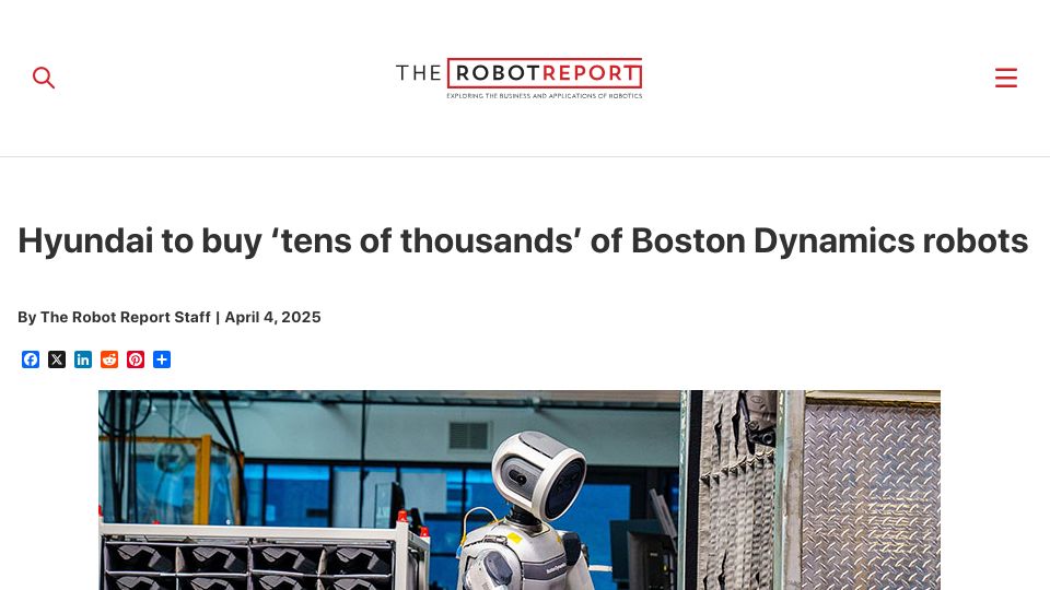 Screenshot of therobotreport.com: Hyundai to buy 'thousands' of Boston Dynamics robots