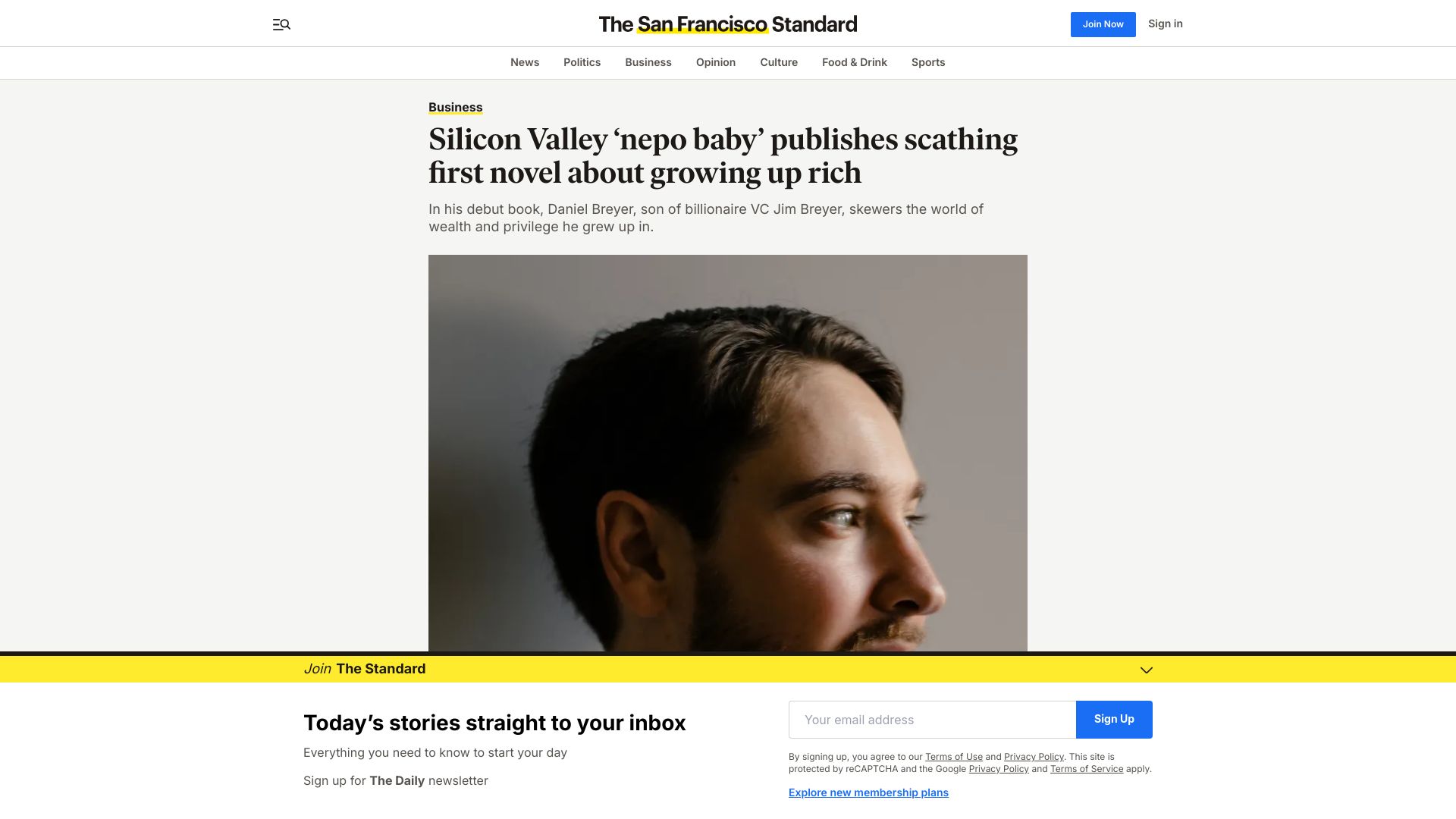 Screenshot of sfstandard.com: Silicon Valley 'nepo baby' publishes scathing first novel about growing up rich