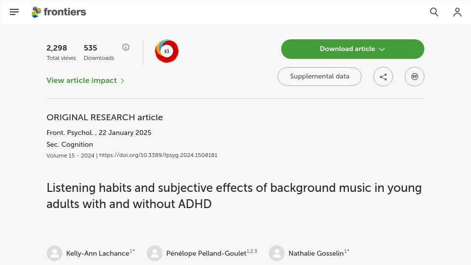 Screenshot of frontiersin.org: Listening habits and effects of background music in people with and without ADHD