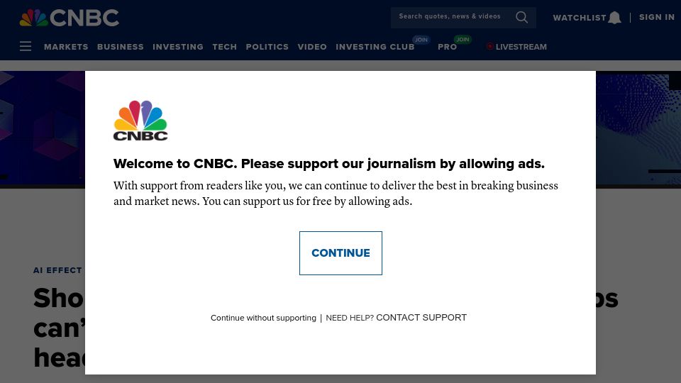 Screenshot of cnbc.com: Shopify: Staffers to prove jobs can't be done by AI before asking for headcount