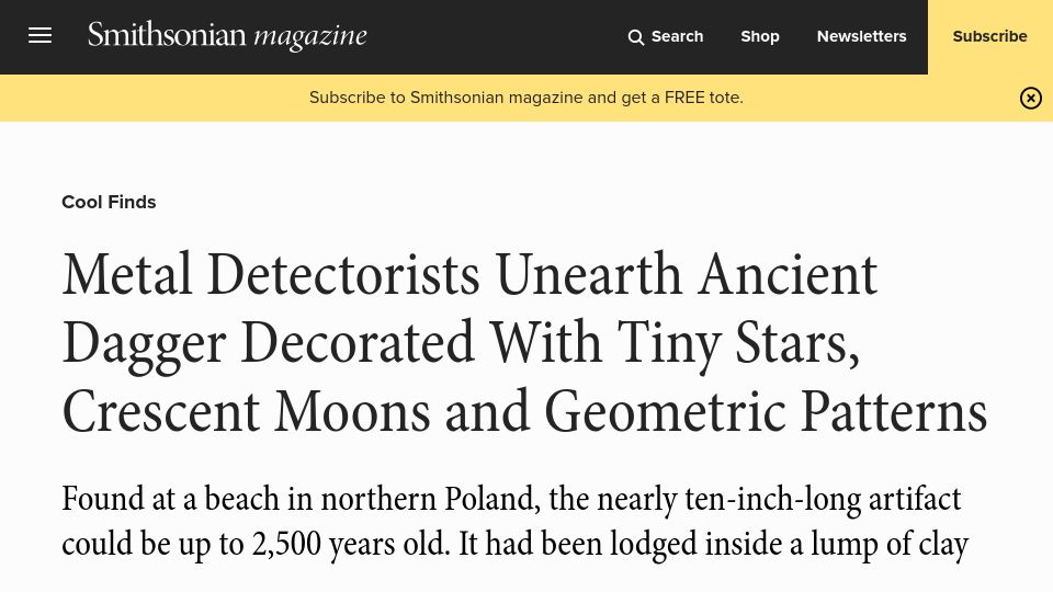 Screenshot of smithsonianmag.com: Ancient Dagger Up to 2.5k Years Old W Stars/Moons/Geometric Patterns Unearthed