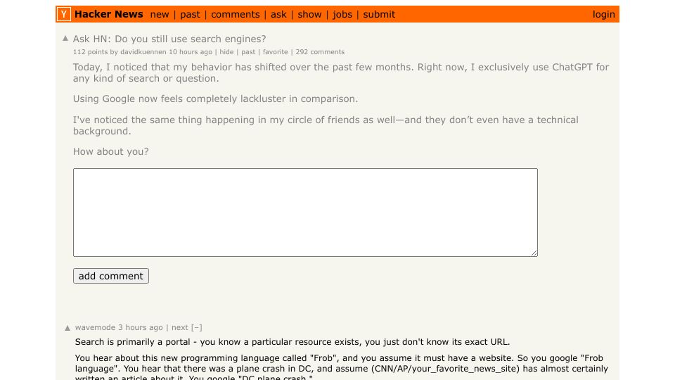 Screenshot of Hacker News post: Ask HN: Do you still use search engines?