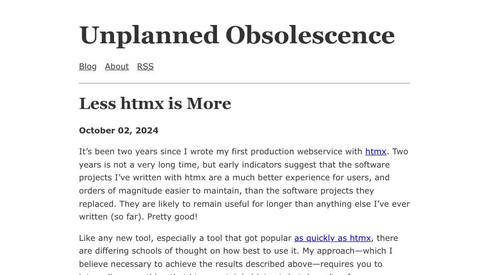 Screenshot of unplannedobsolescence.com: Less Htmx Is More