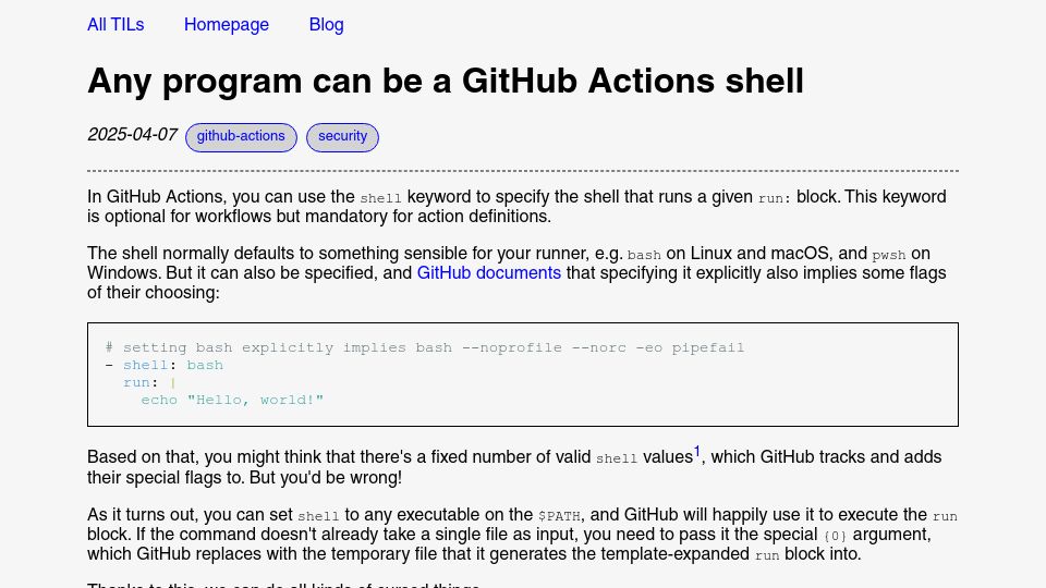 Screenshot of yossarian.net: Any program can be a GitHub Actions shell