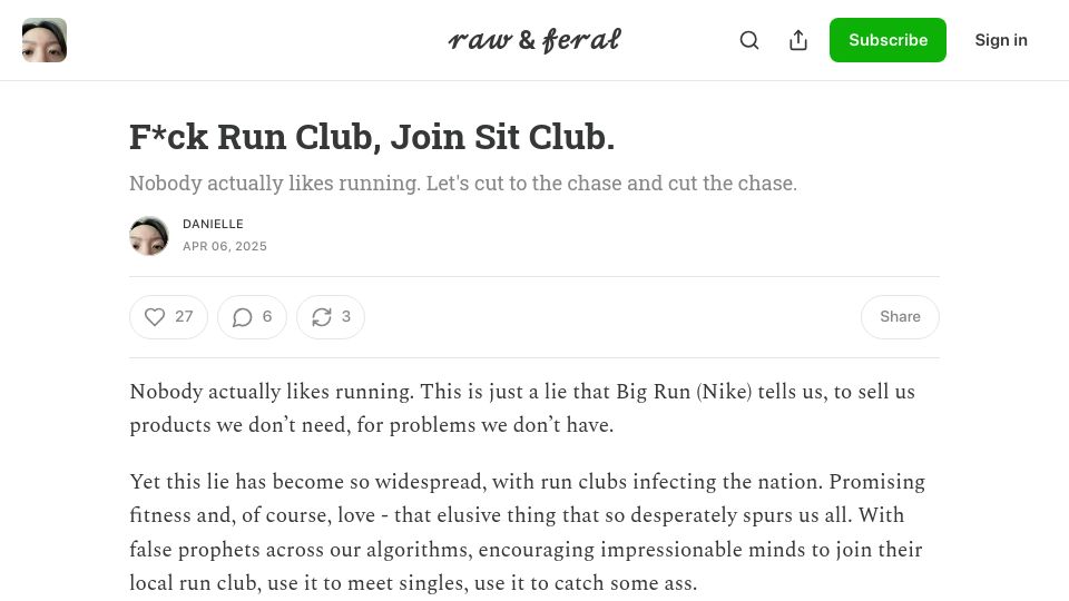 Screenshot of rawandferal.substack.com: Fuck Run Club, Join Sit Club