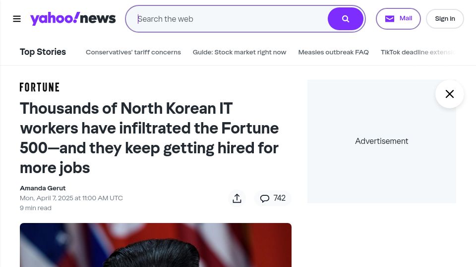 Screenshot of yahoo.com: North Korean IT workers have infiltrated the Fortune 500