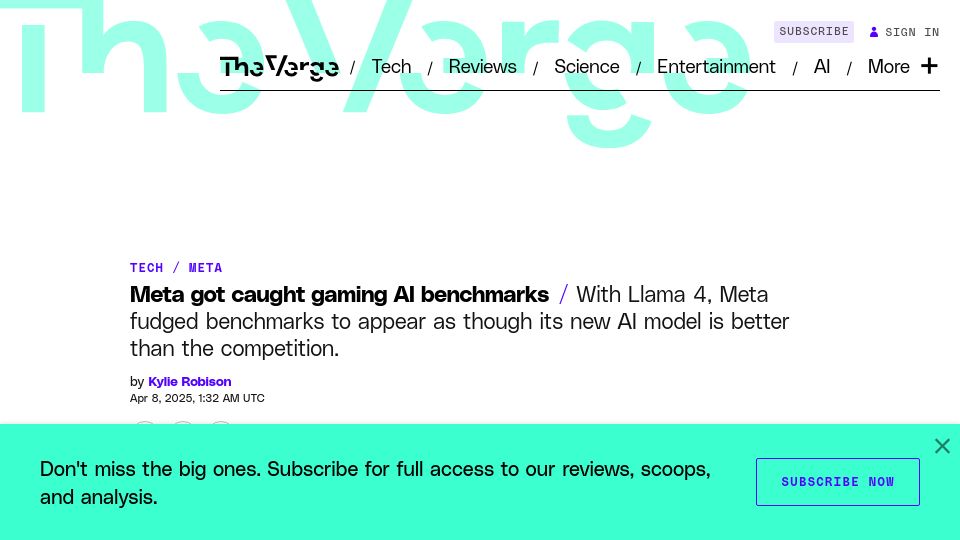 Screenshot of theverge.com: Meta got caught gaming AI benchmarks