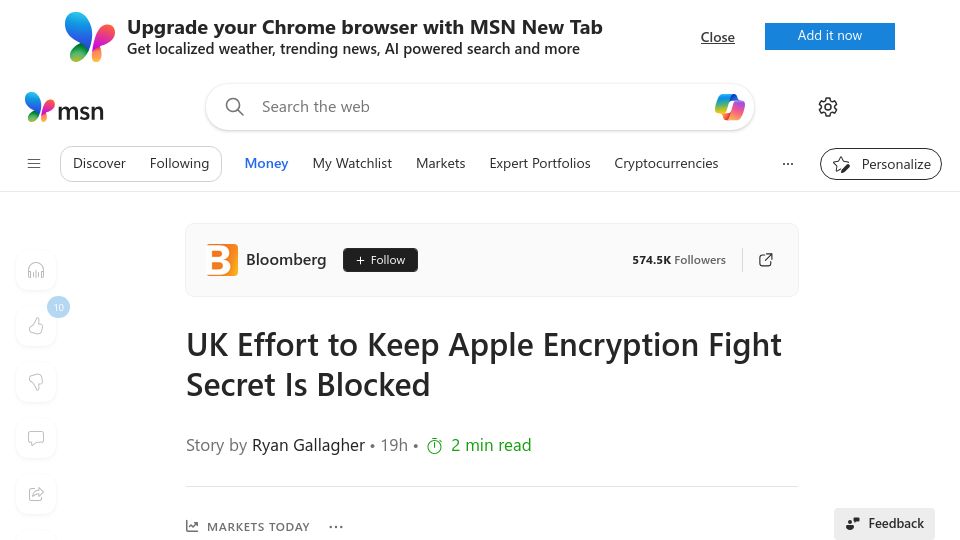 Screenshot of msn.com: UK Effort to Keep Apple Encryption Fight Secret Is Blocked