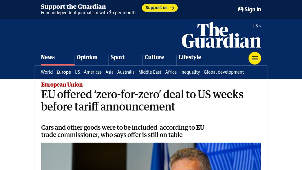 Screenshot of theguardian.com: EU offered 'zero-for-zero' deal to US weeks before tariff announcement