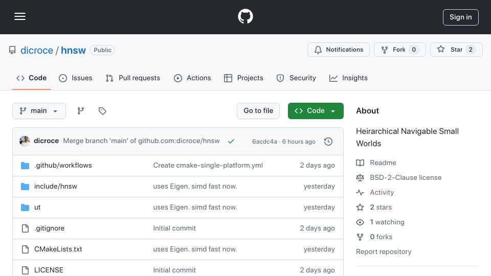 Screenshot of github.com: Show HN: HNSW index for vector embeddings in approx 500 LOC