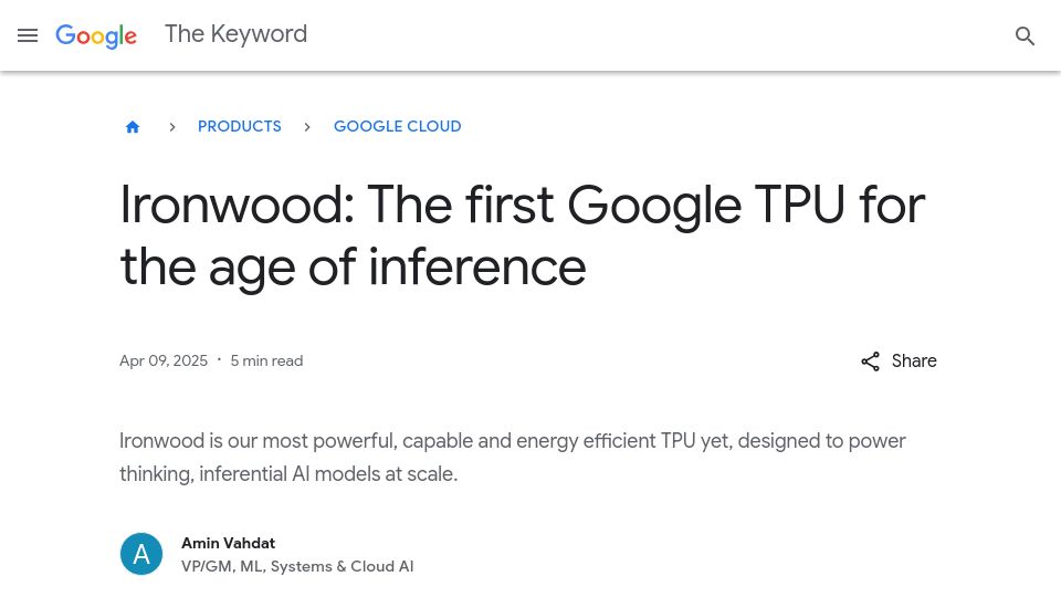 Screenshot of blog.google: Ironwood: The first Google TPU for the age of inference