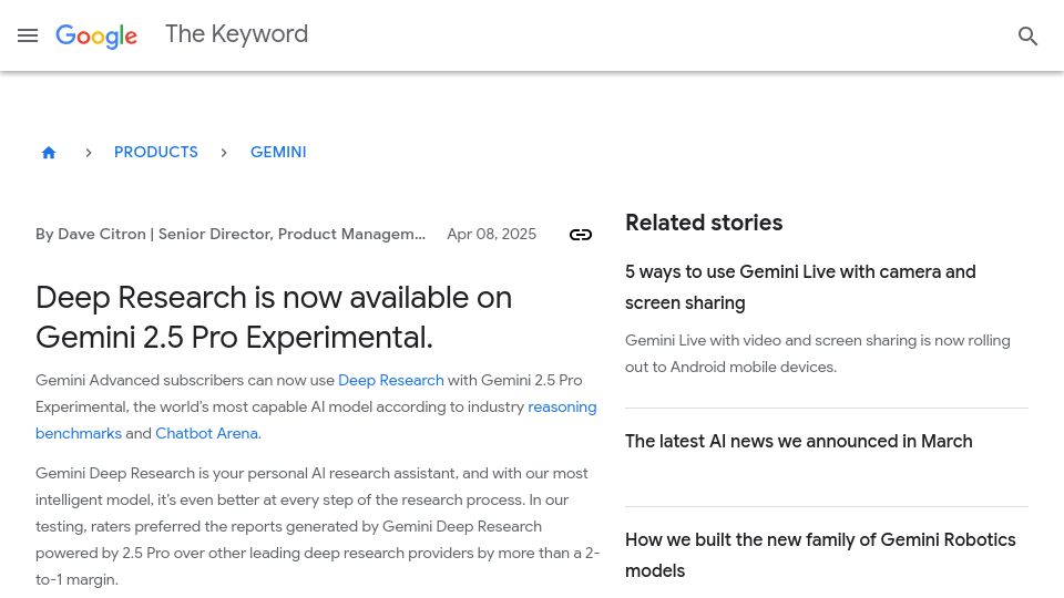 Screenshot of blog.google: Deep Research is now available on Gemini 2.5 Pro Experimental