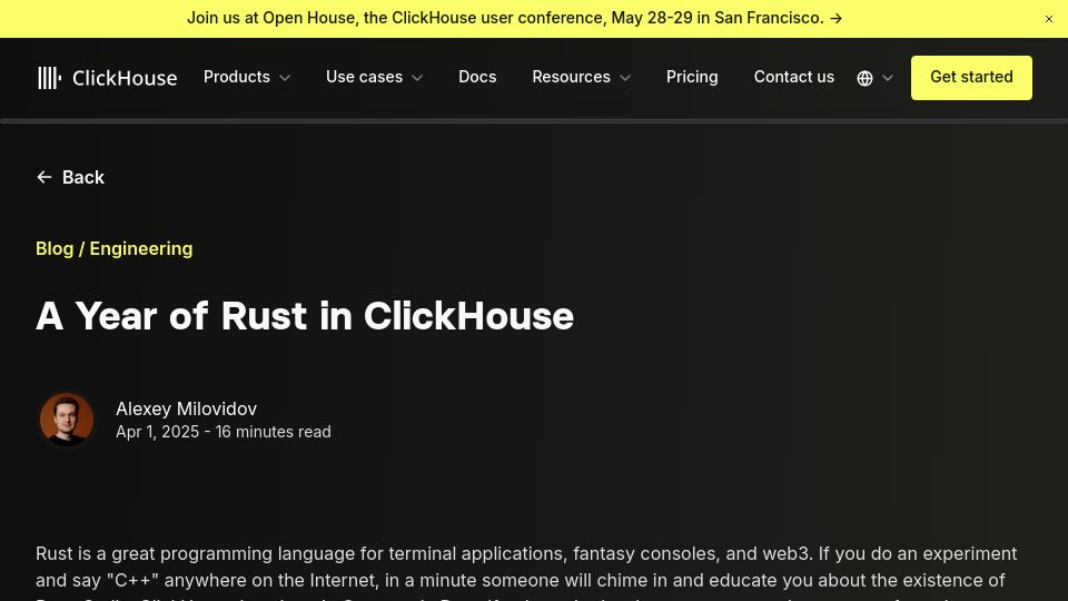 Screenshot of clickhouse.com: A year of Rust in ClickHouse