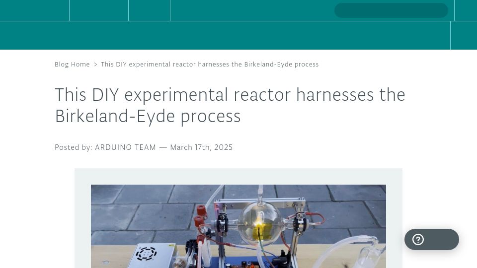 Screenshot of blog.arduino.cc: DIY experimental reactor harnesses the Birkeland-Eyde process