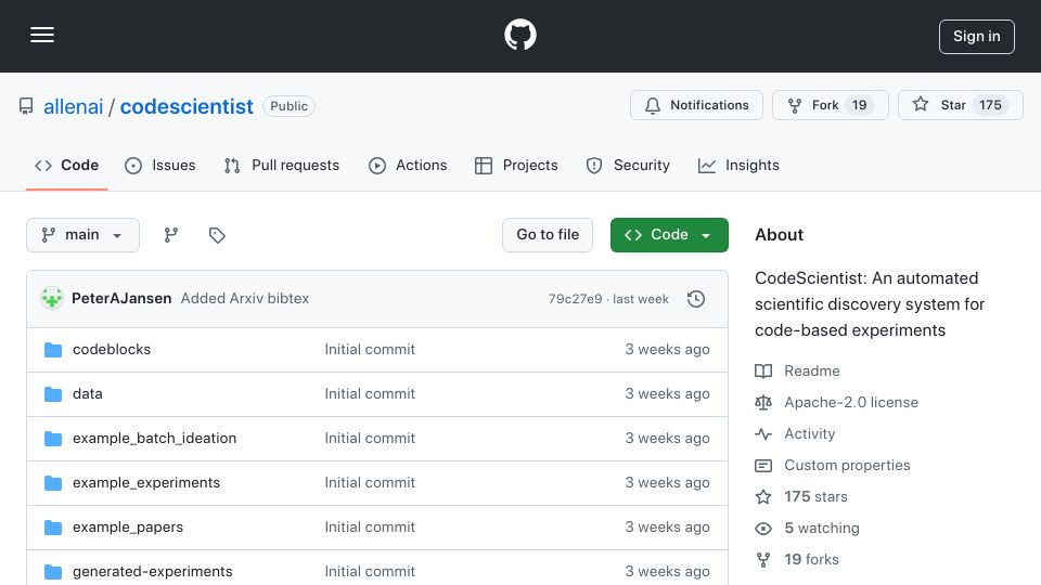 Screenshot of github.com: CodeScientist: Automated scientific discovery system for code-based experiments
