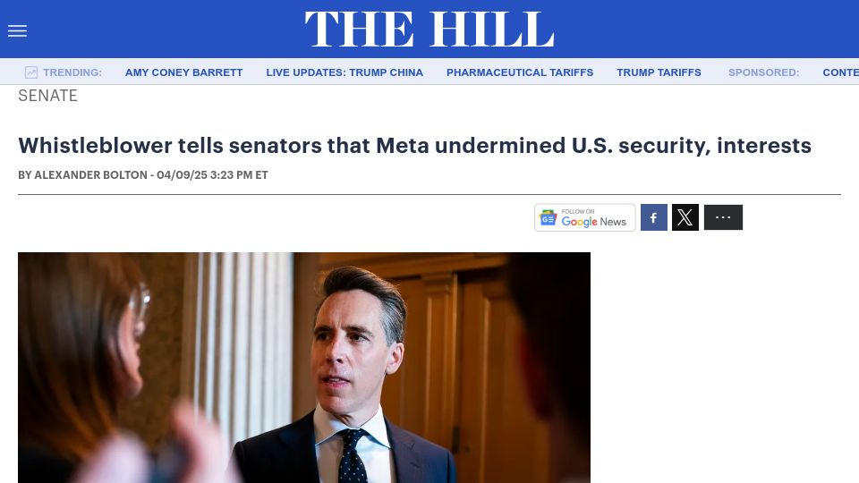 Screenshot of thehill.com: Whistleblower tells senators that Meta undermined U.S. security, interests